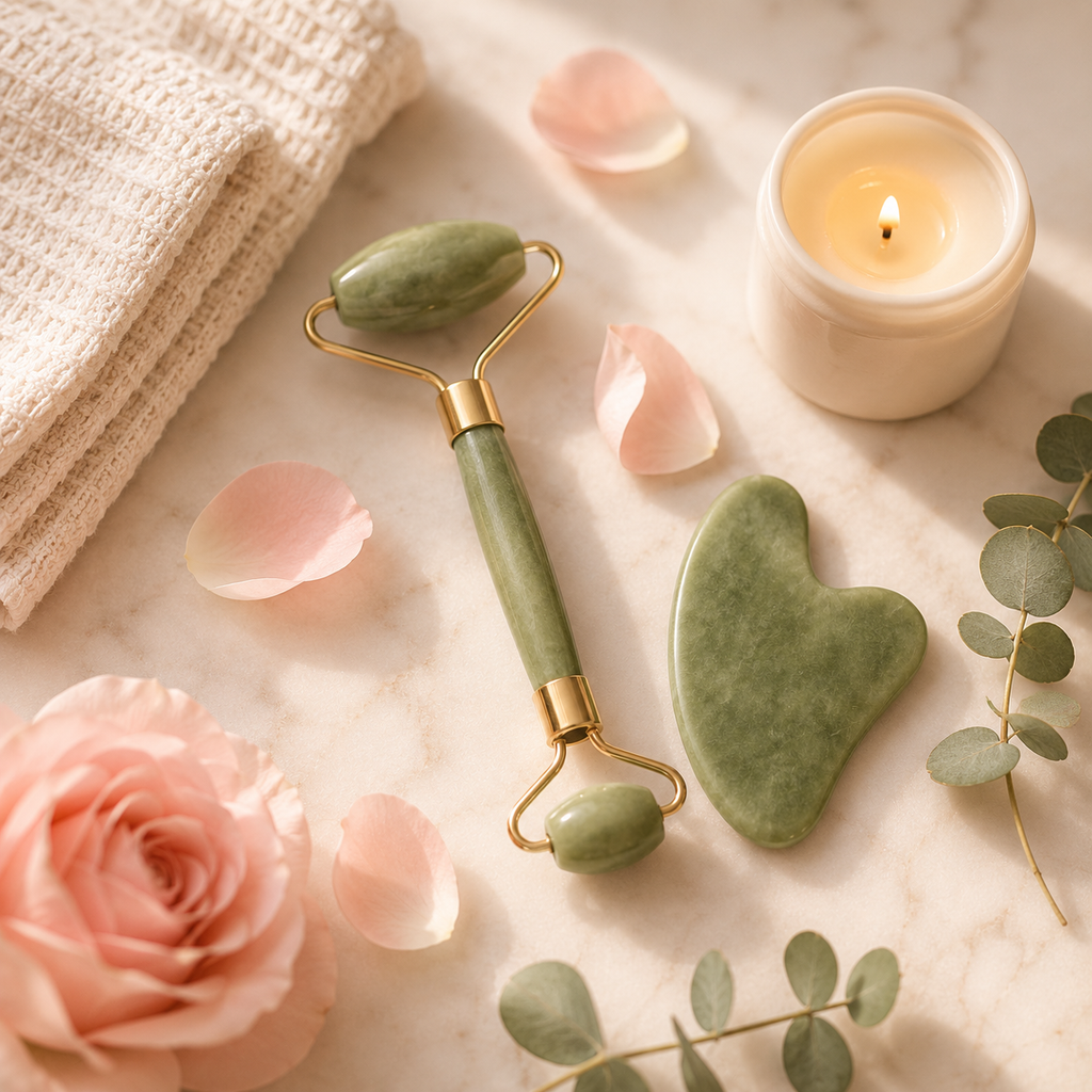 Gua sha jade roller flat lay Pakistan